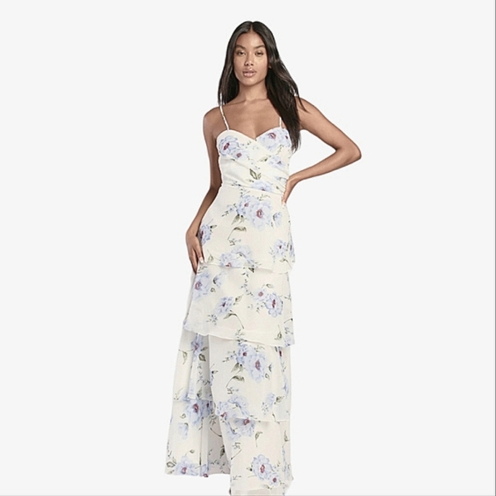 A Tier Delight White Floral Print Surplice Tiered Maxi Dress - Lulus